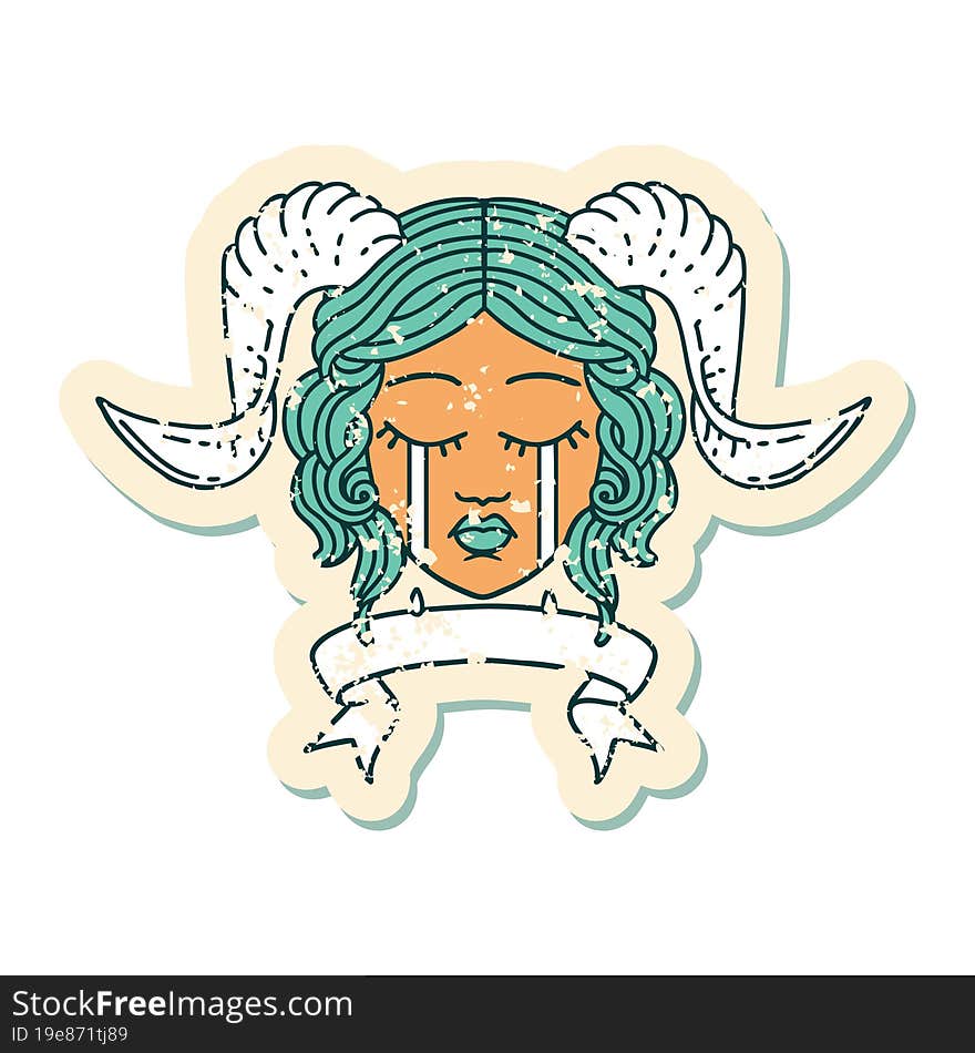 Retro Tattoo Style crying tiefling character face with scroll banner. Retro Tattoo Style crying tiefling character face with scroll banner