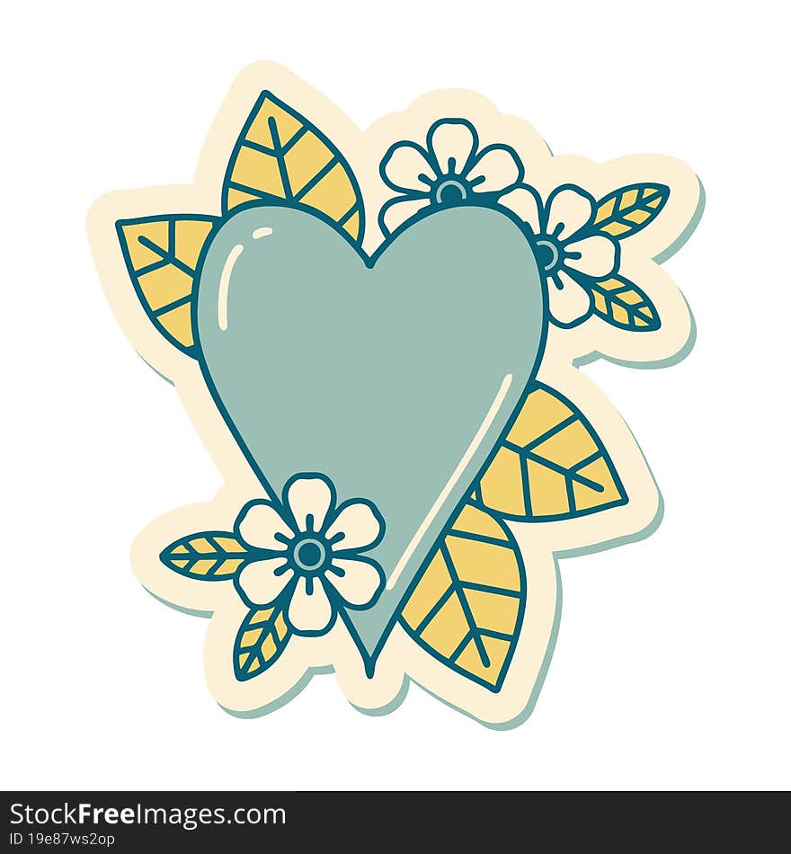 sticker of tattoo in traditional style of a botanical heart. sticker of tattoo in traditional style of a botanical heart