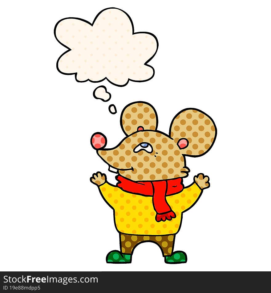 cartoon mouse wearing scarf and thought bubble in comic book style