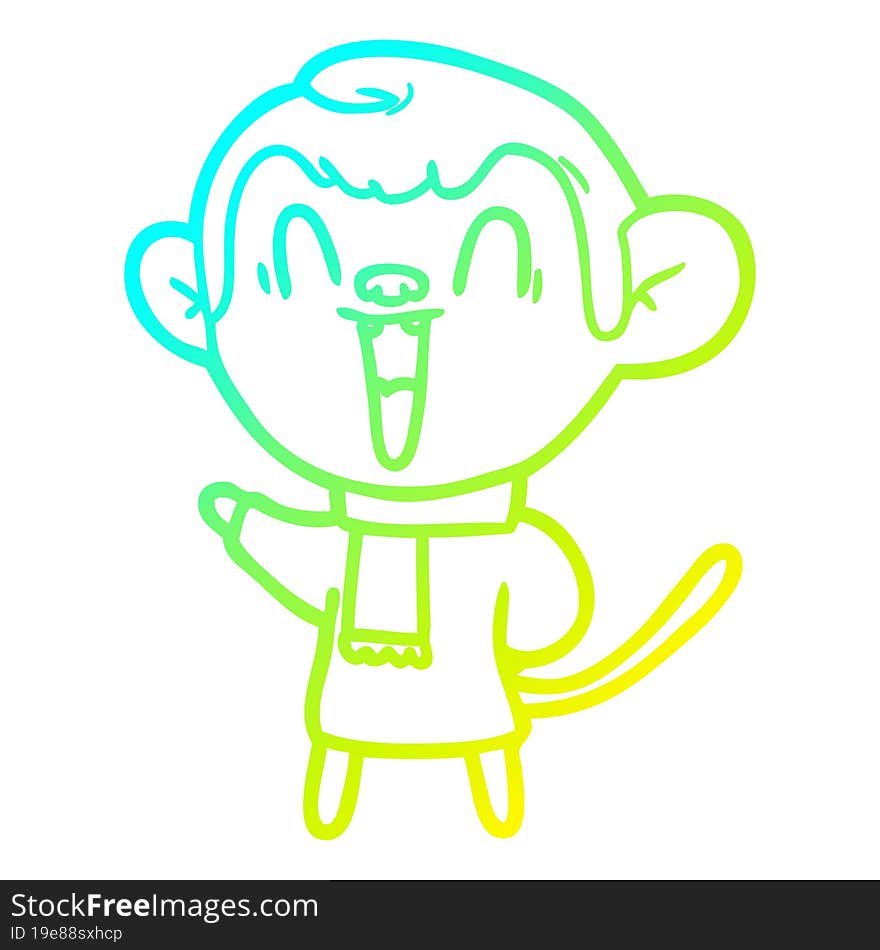 cold gradient line drawing of a cartoon laughing monkey