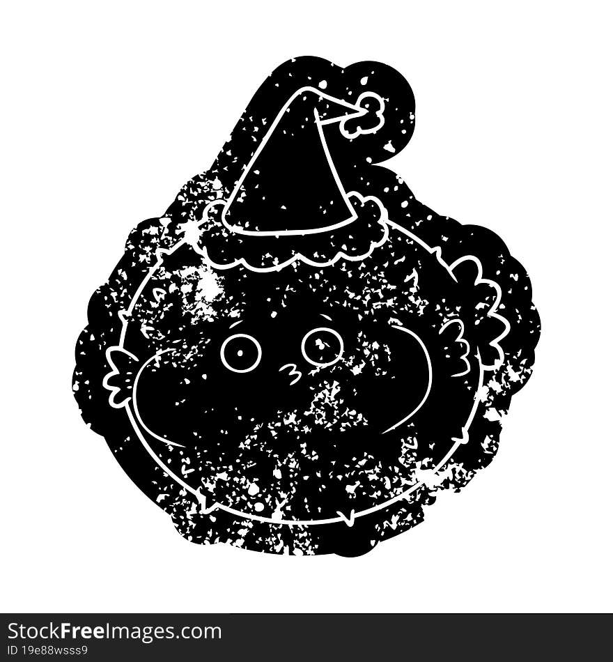 cartoon distressed icon of a puffer fish wearing santa hat