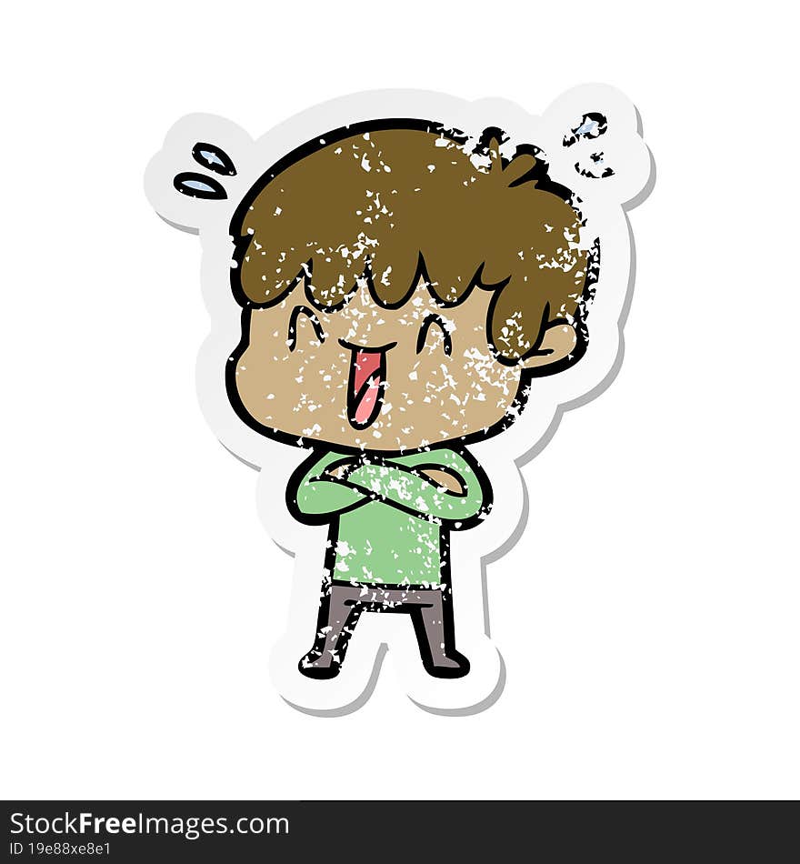 Distressed Sticker Of A Cartoon Laughing Boy