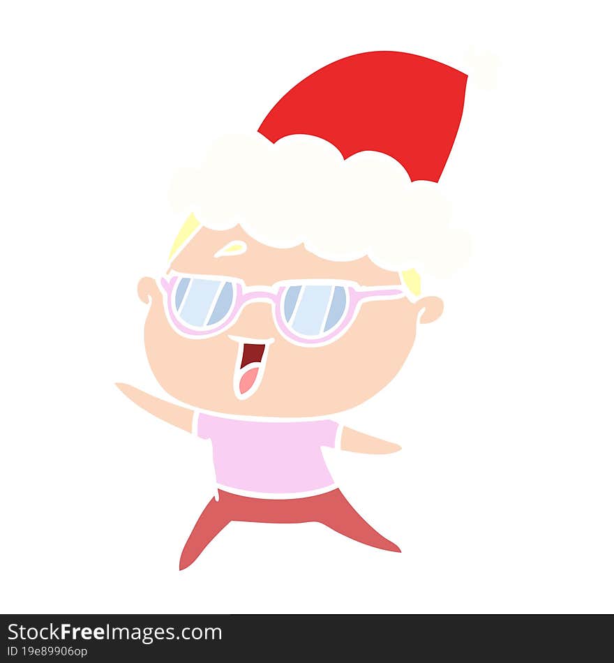 flat color illustration of a happy woman wearing spectacles wearing santa hat