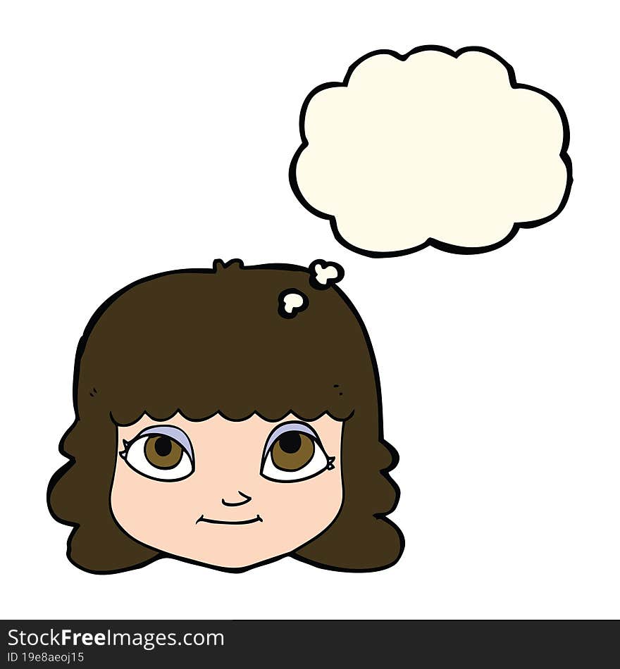 cartoon happy female face with thought bubble