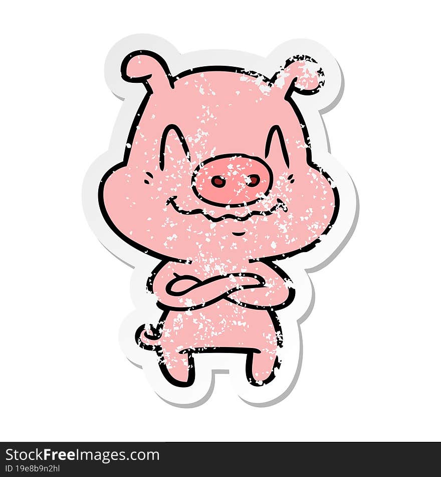 Distressed Sticker Of A Nervous Cartoon Pig