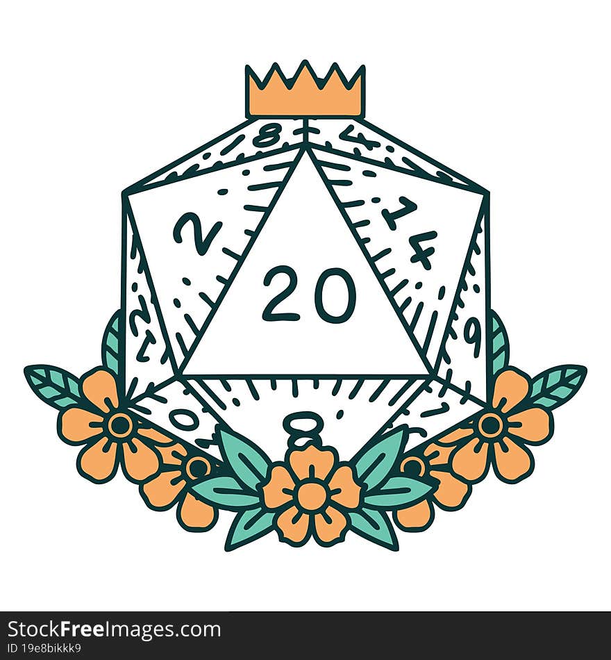 Natural 20 D20 Dice Roll With Floral Elements Illustration