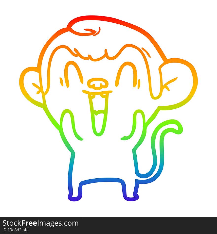 rainbow gradient line drawing of a cartoon laughing monkey