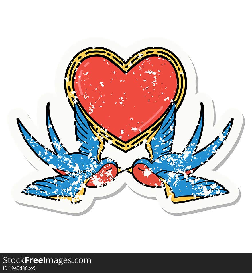 Traditional Distressed Sticker Tattoo Of A Swallows And A Heart