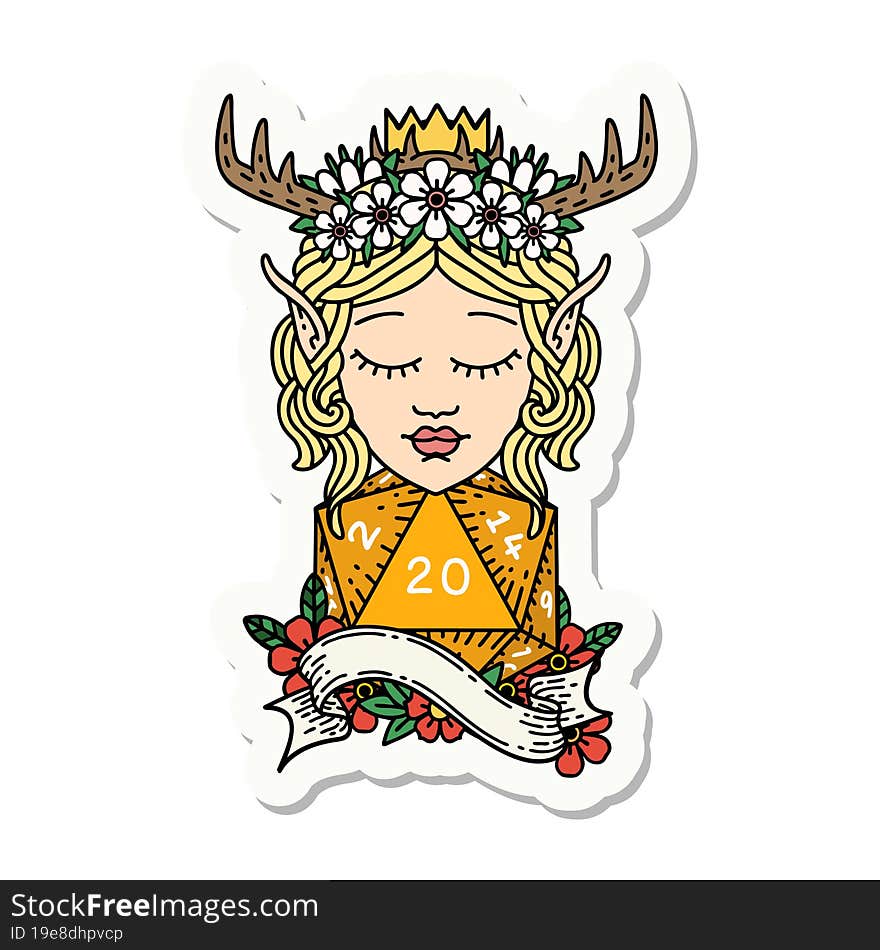 elf druid character with natural twenty dice roll sticker