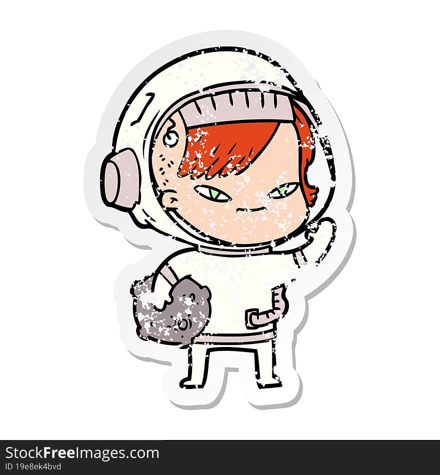 distressed sticker of a cartoon astronaut woman