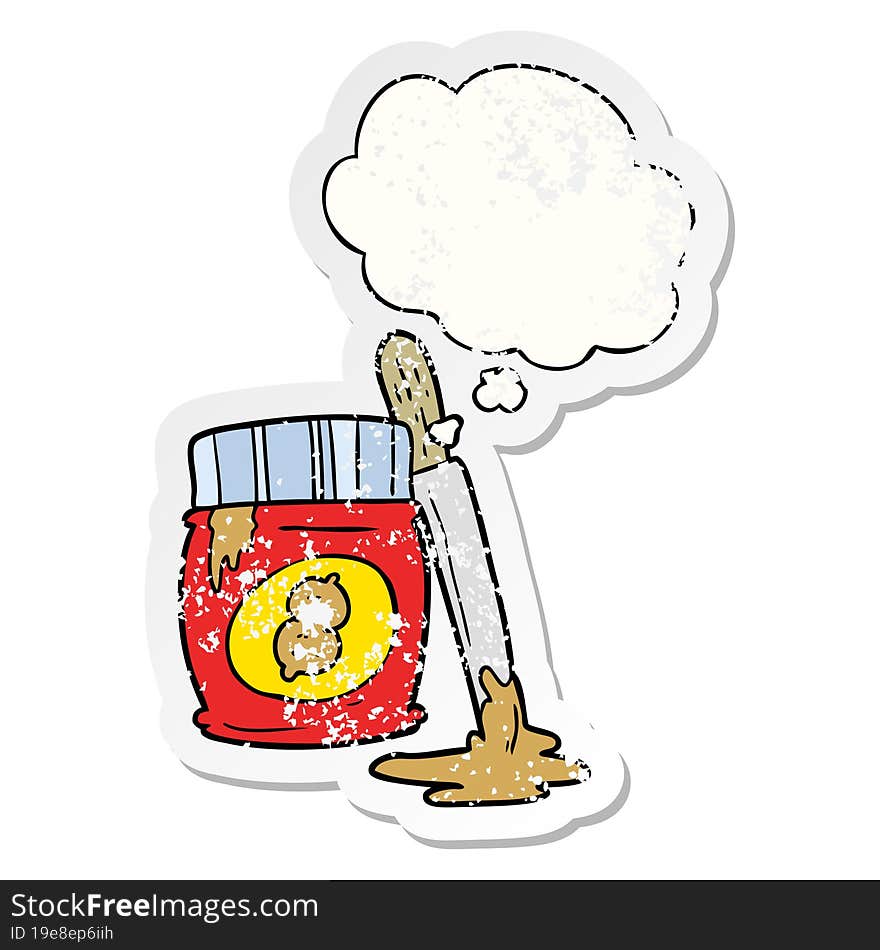 cartoon peanut butter with thought bubble as a distressed worn sticker