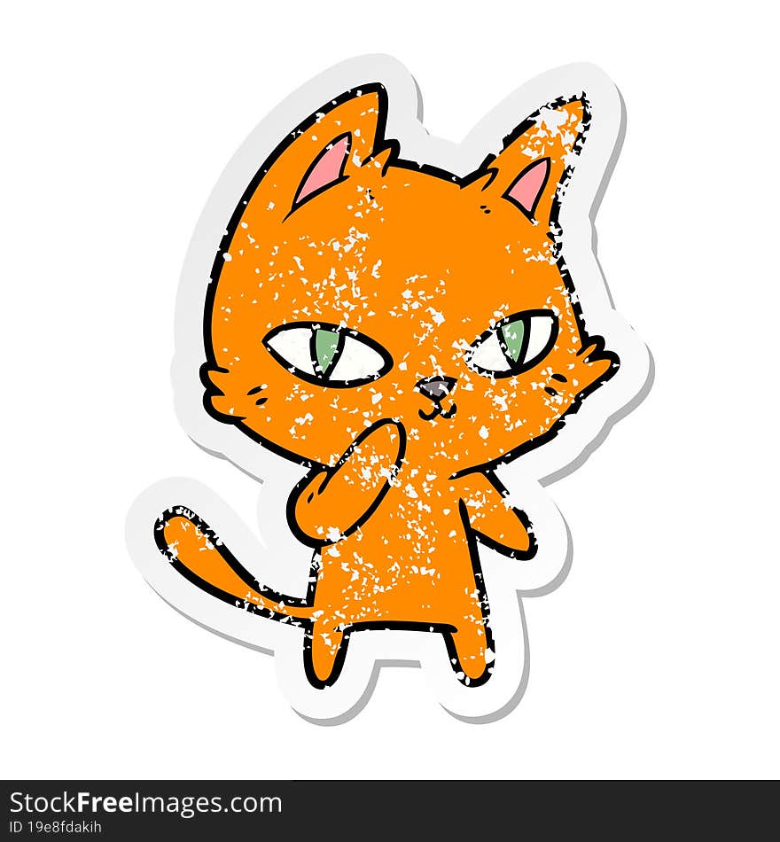 distressed sticker of a cartoon cat staring