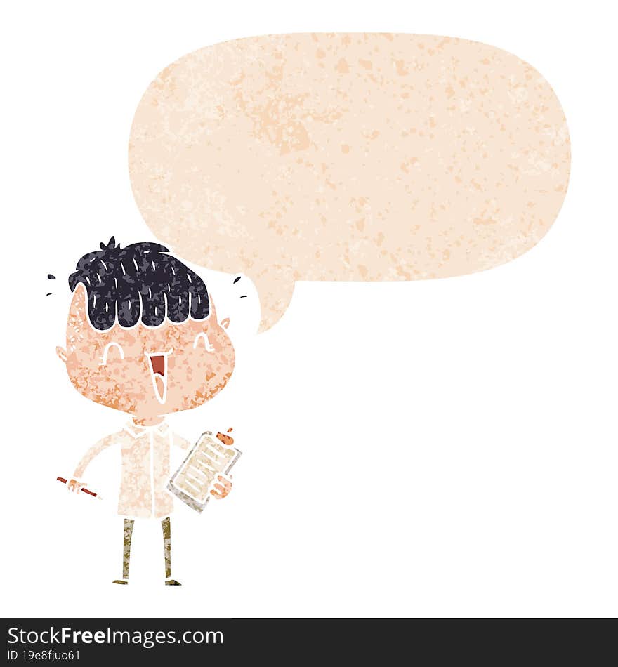 cartoon happy boy surprised with speech bubble in grunge distressed retro textured style. cartoon happy boy surprised with speech bubble in grunge distressed retro textured style