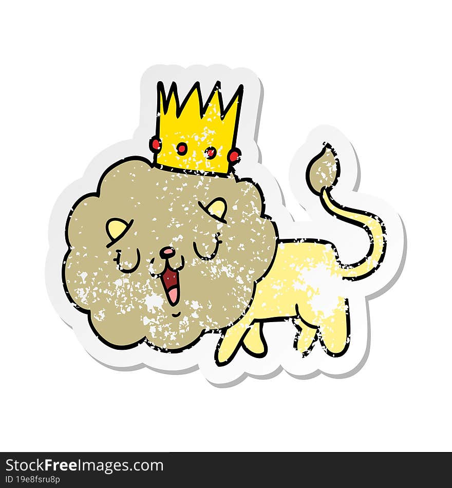 distressed sticker of a cartoon lion with crown