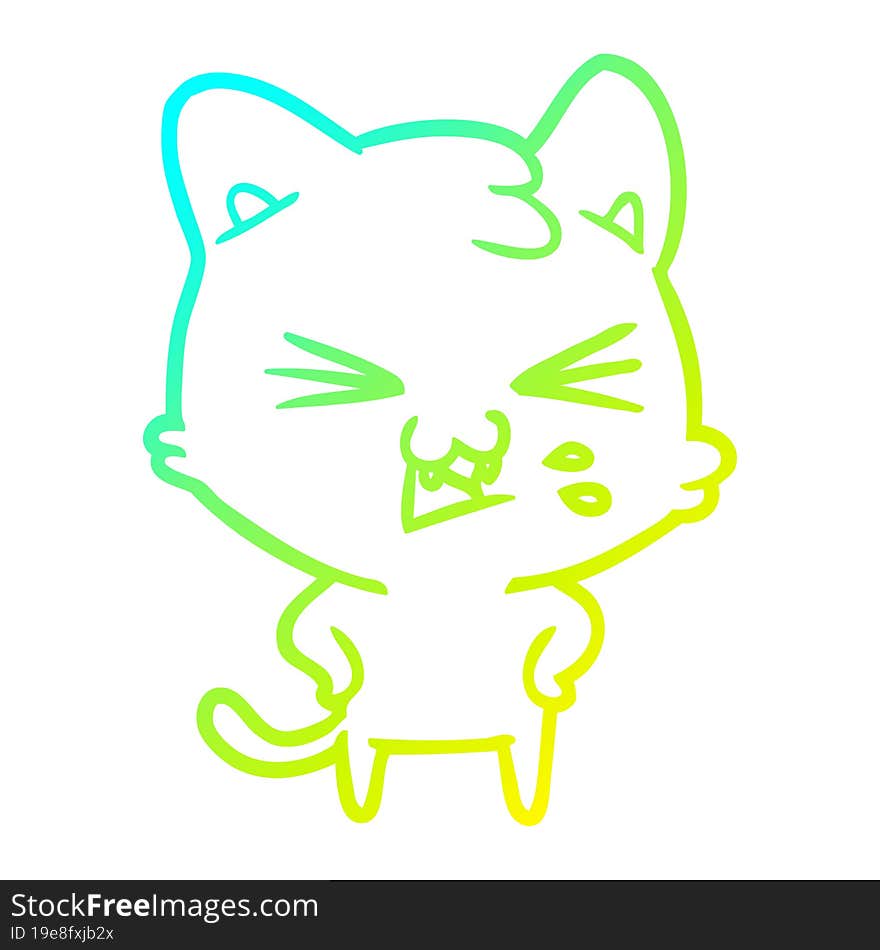 cold gradient line drawing of a cartoon cat hissing