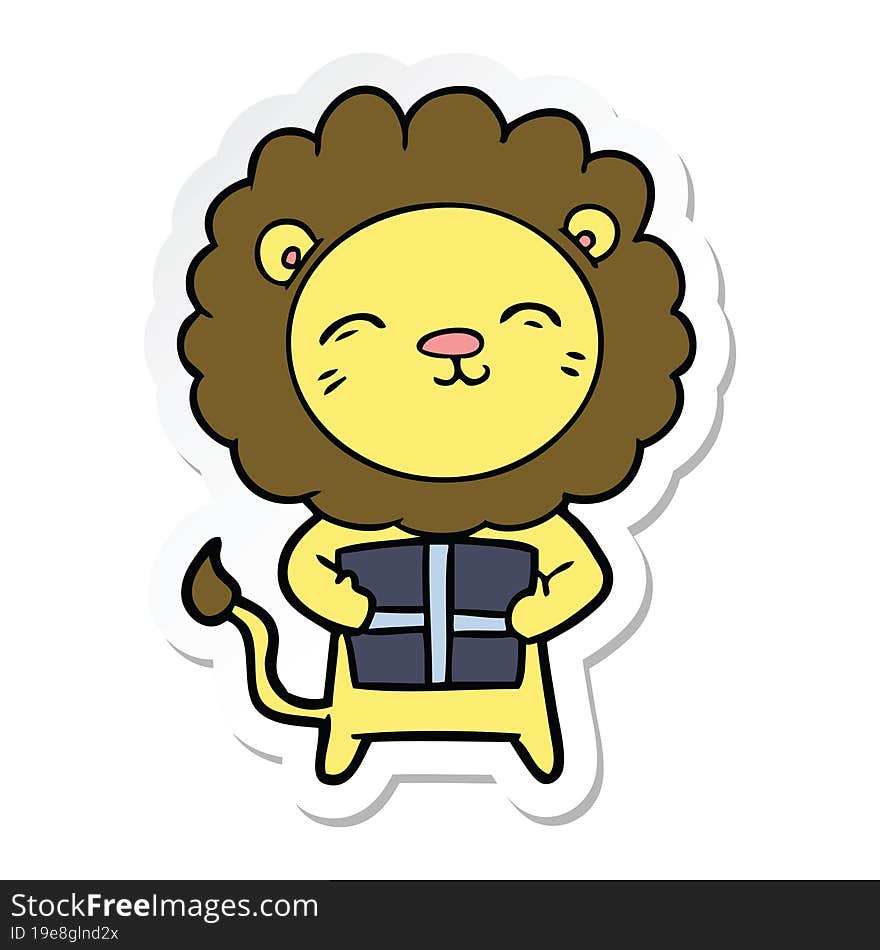 sticker of a cartoon lion with christmas present