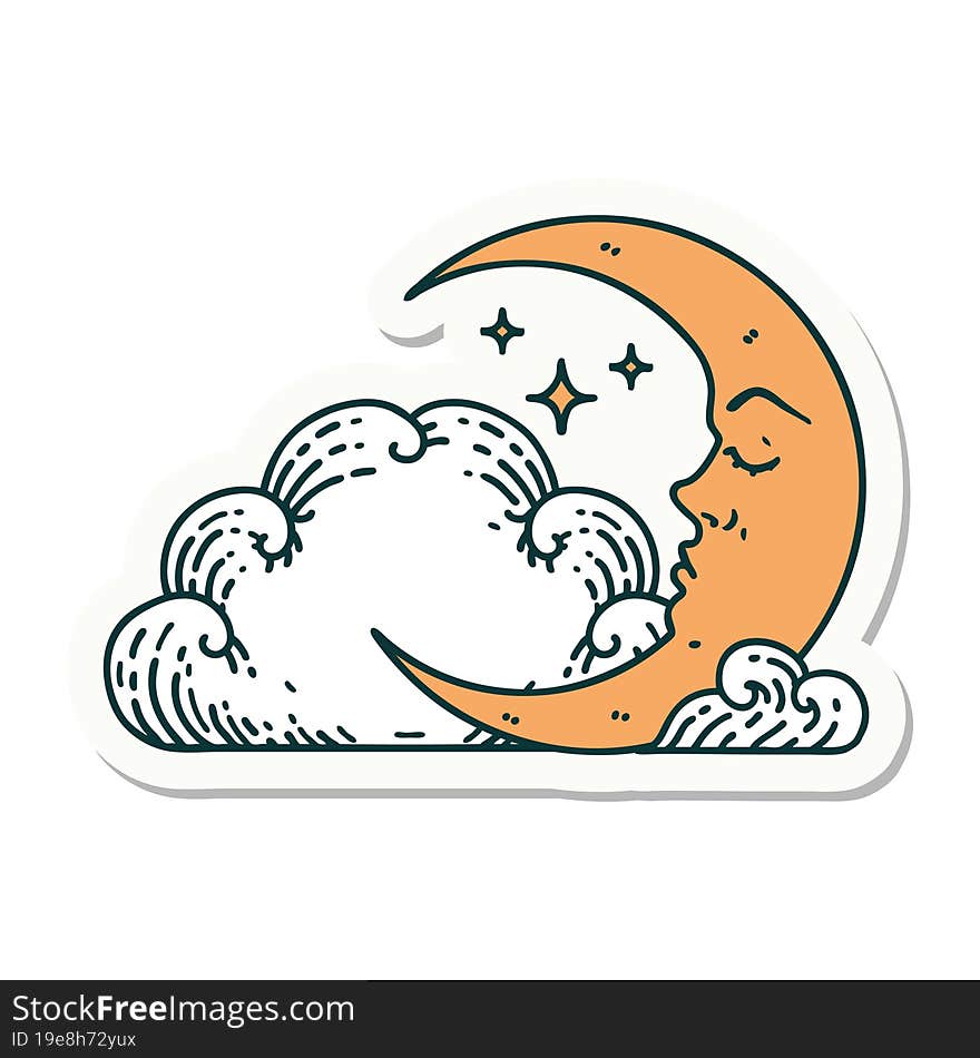 Tattoo Style Sticker Of A Crescent Moon And Clouds