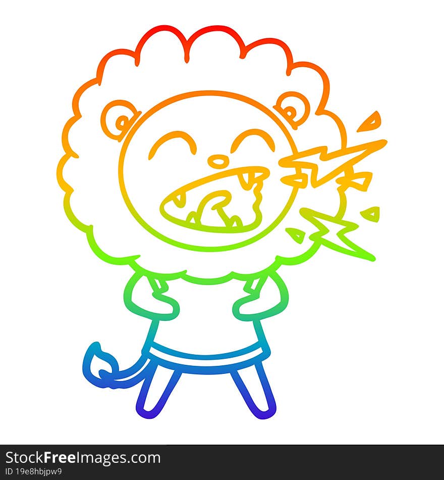 Rainbow Gradient Line Drawing Cartoon Roaring Lion In Dress