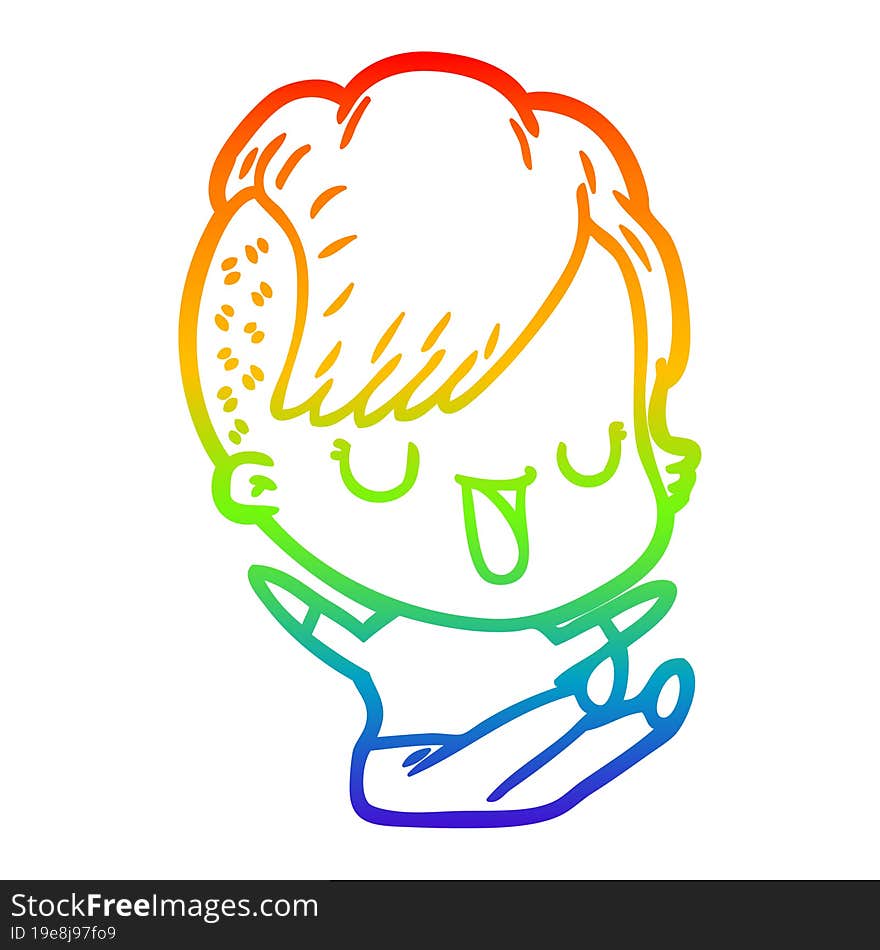 rainbow gradient line drawing of a cute cartoon girl with hipster haircut