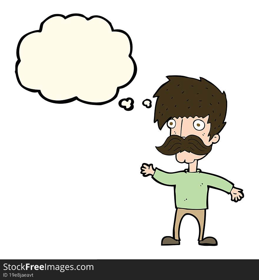 cartoon man with mustache waving with thought bubble