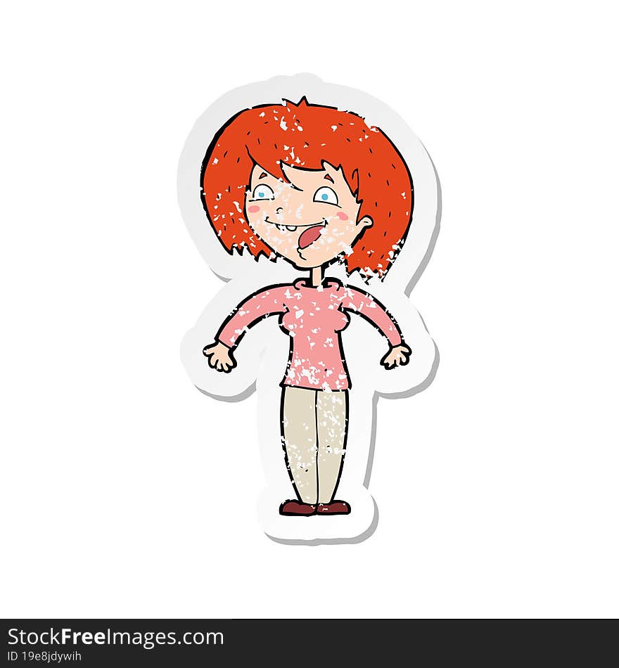 retro distressed sticker of a cartoon excited woman