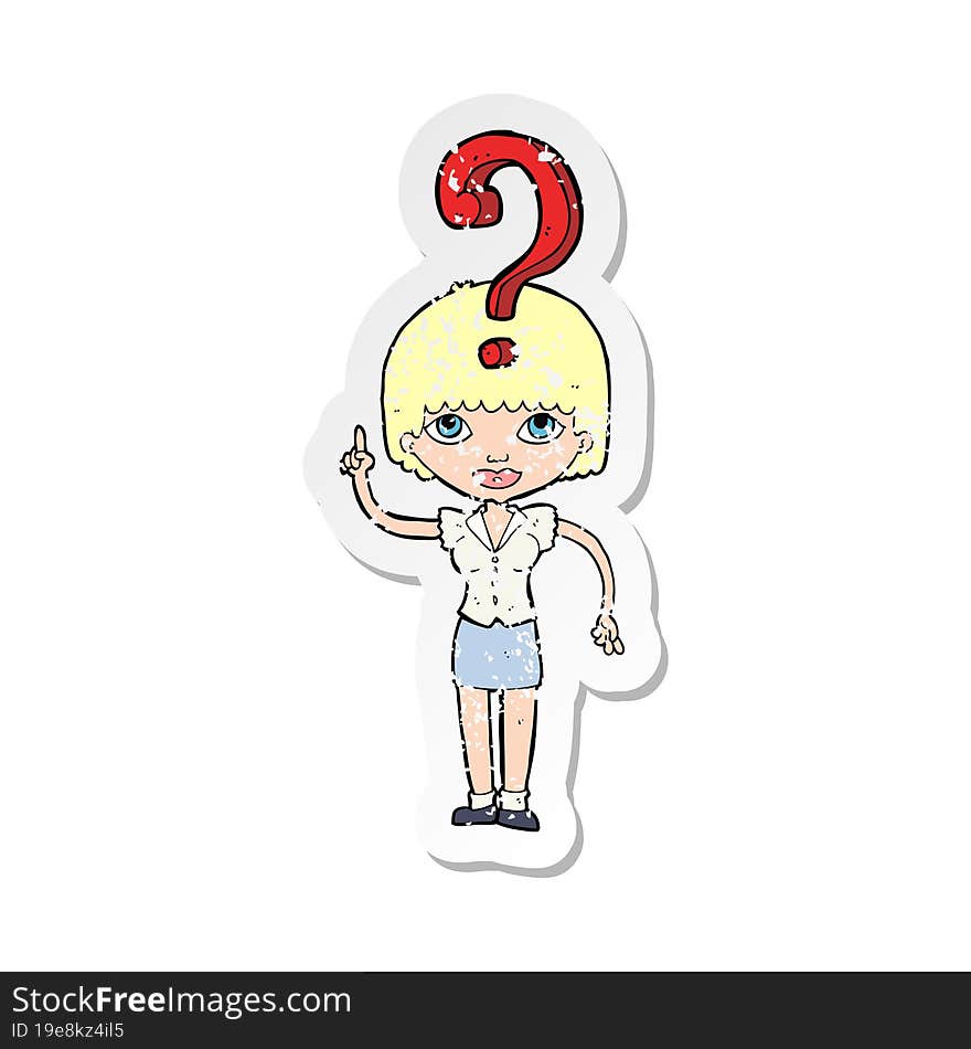 Retro Distressed Sticker Of A Cartoon Woman Asking Question