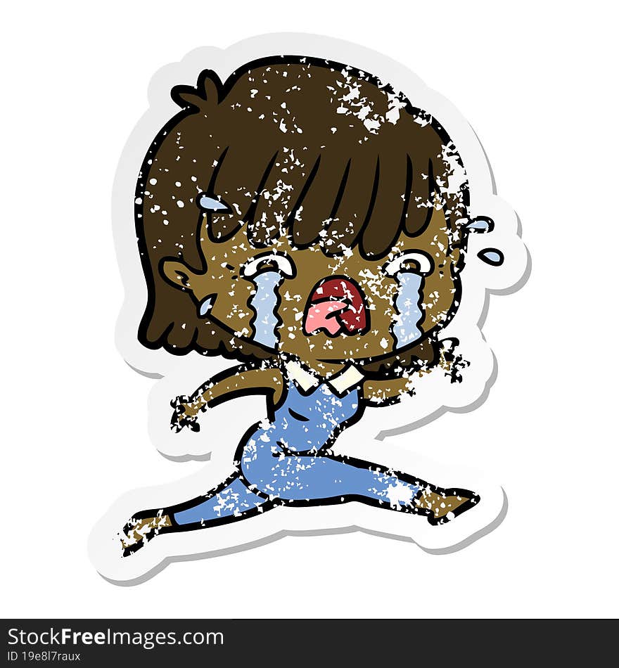 distressed sticker of a cartoon girl crying