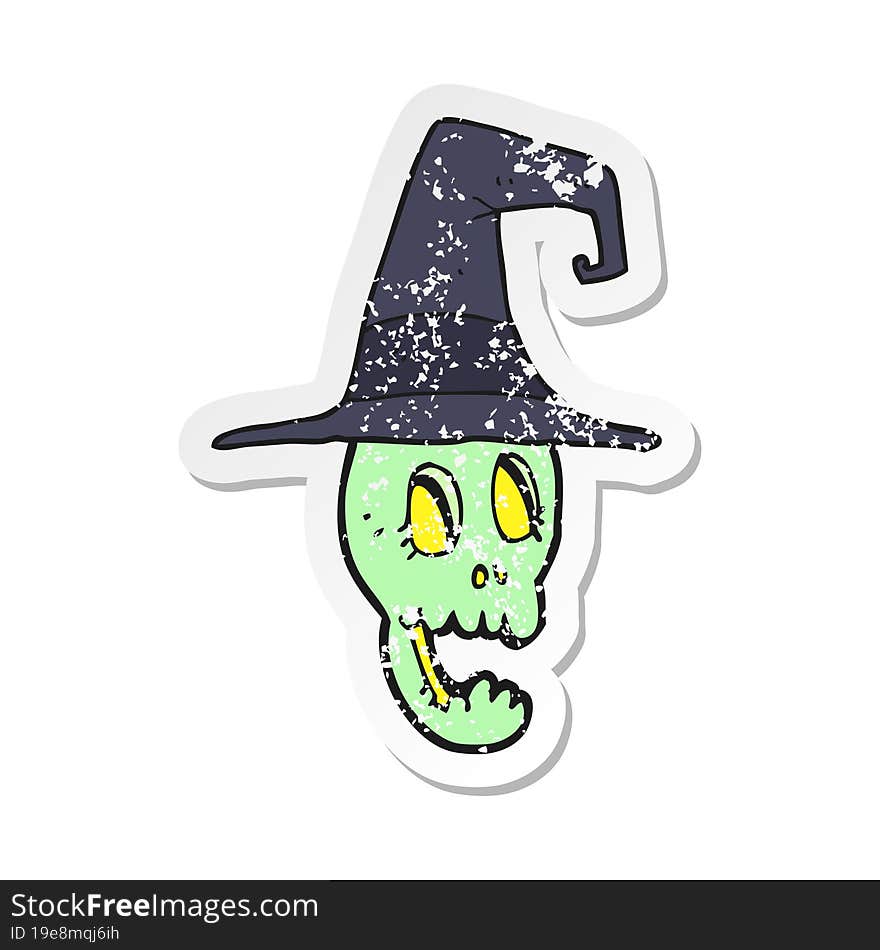 retro distressed sticker of a cartoon skull wearing witch hat