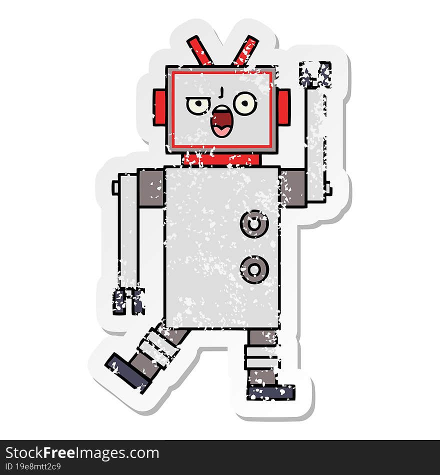 Distressed Sticker Of A Cute Cartoon Angry Robot