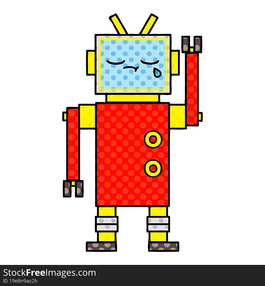 comic book style cartoon of a crying robot