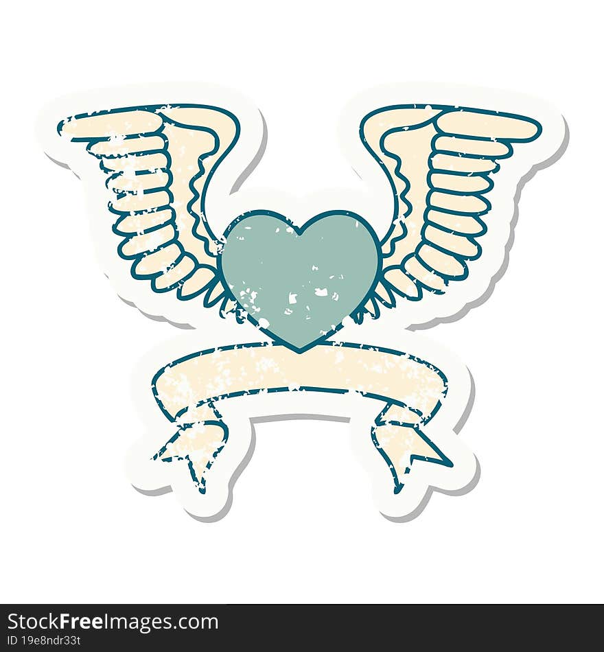 grunge sticker with banner of a heart with wings