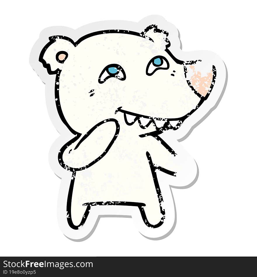 distressed sticker of a cartoon polar bear showing teeth