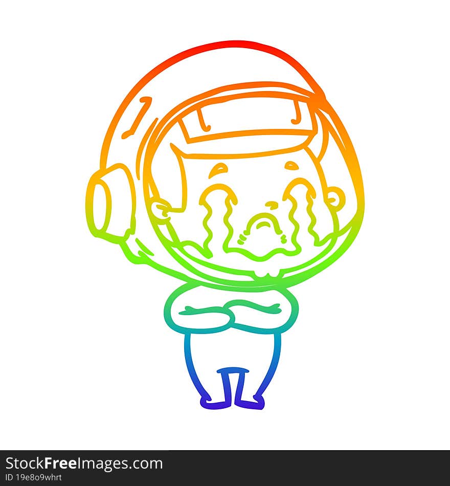 rainbow gradient line drawing of a cartoon crying astronaut