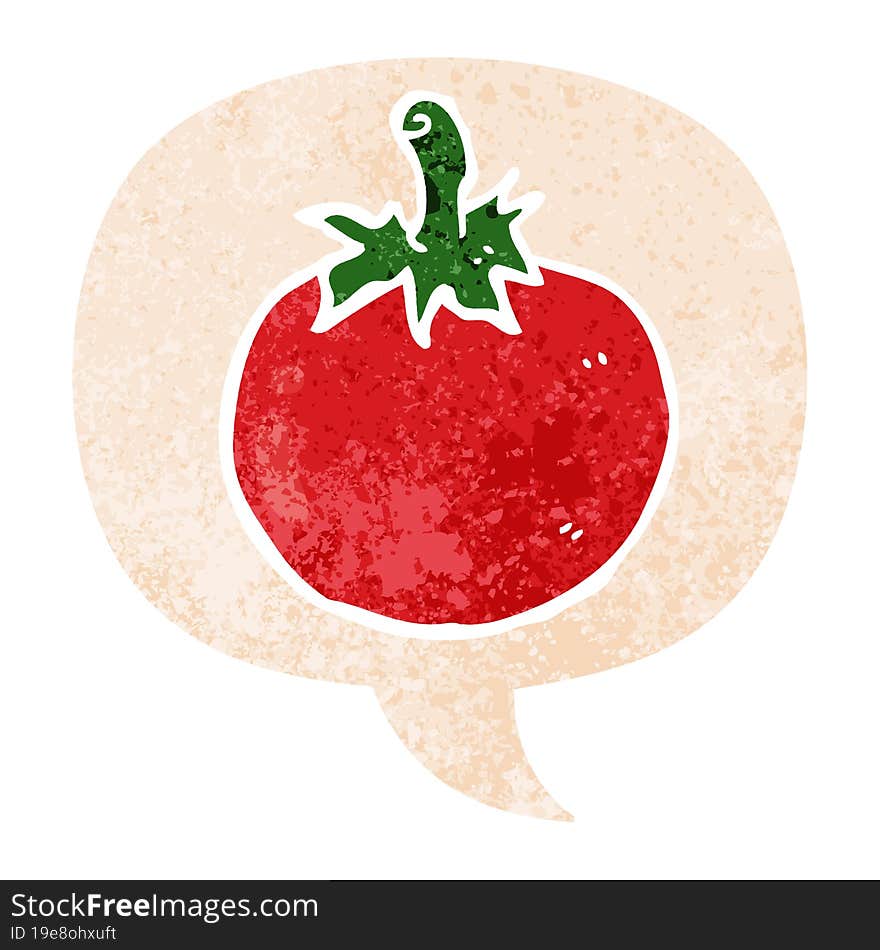 cartoon tomato and speech bubble in retro textured style