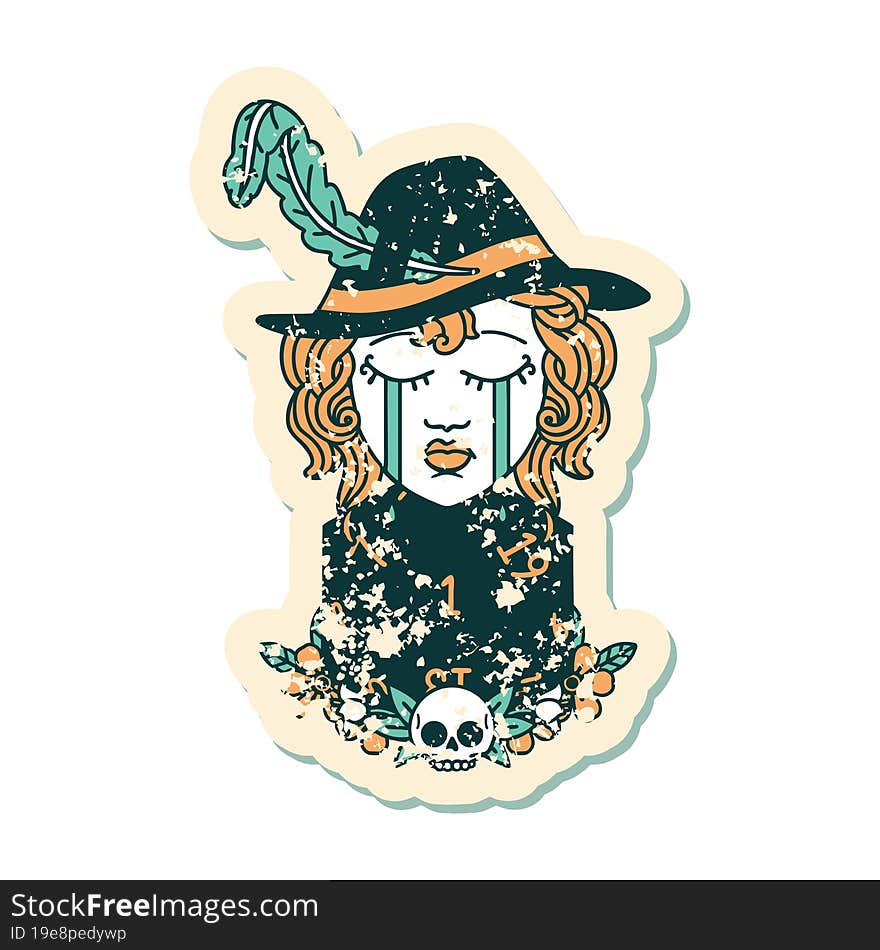 grunge sticker of a crying human bard with natural one D20 dice roll. grunge sticker of a crying human bard with natural one D20 dice roll