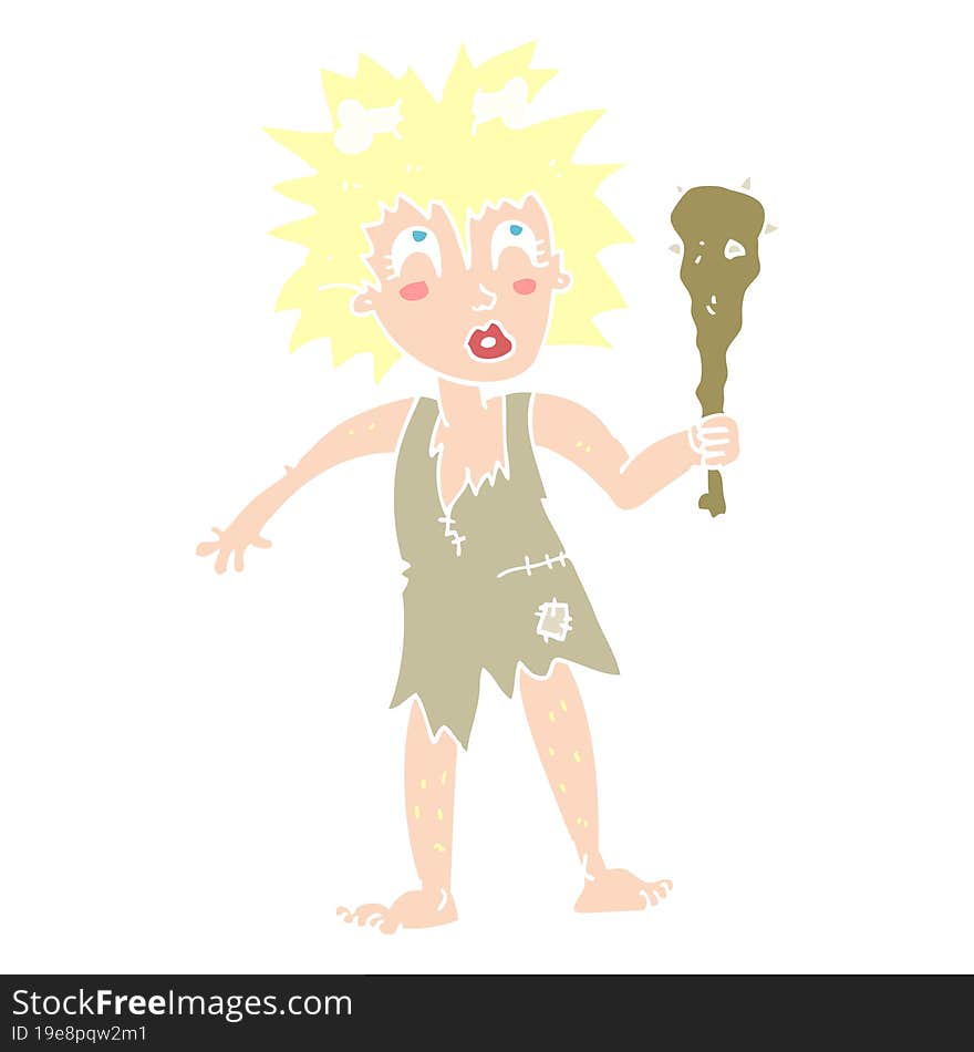 flat color illustration of a cartoon cave woman