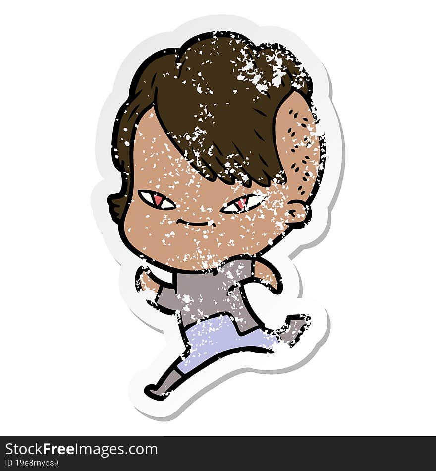 distressed sticker of a cute cartoon girl with hipster haircut