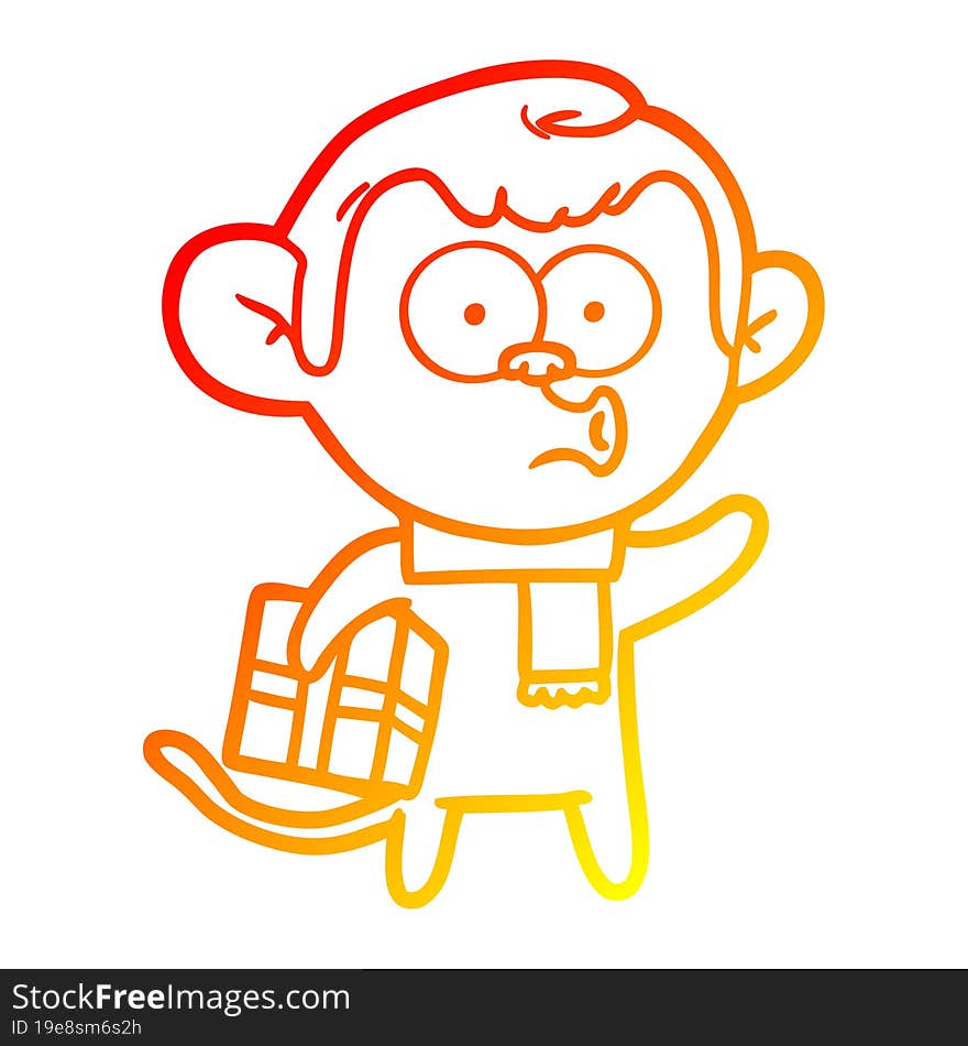 warm gradient line drawing of a cartoon christmas monkey