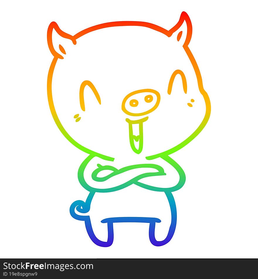 rainbow gradient line drawing of a happy cartoon pig