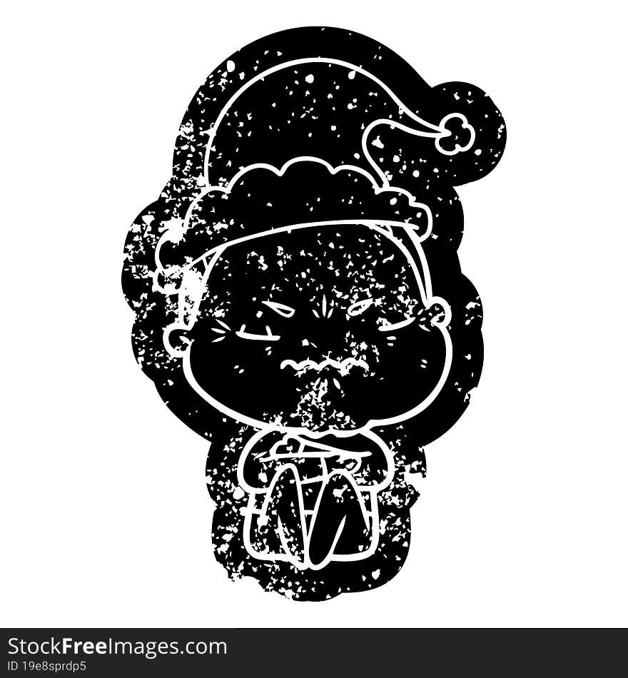 quirky cartoon distressed icon of a annoyed old lady wearing santa hat