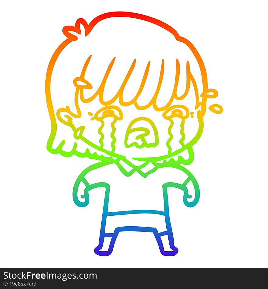 rainbow gradient line drawing of a cartoon girl crying