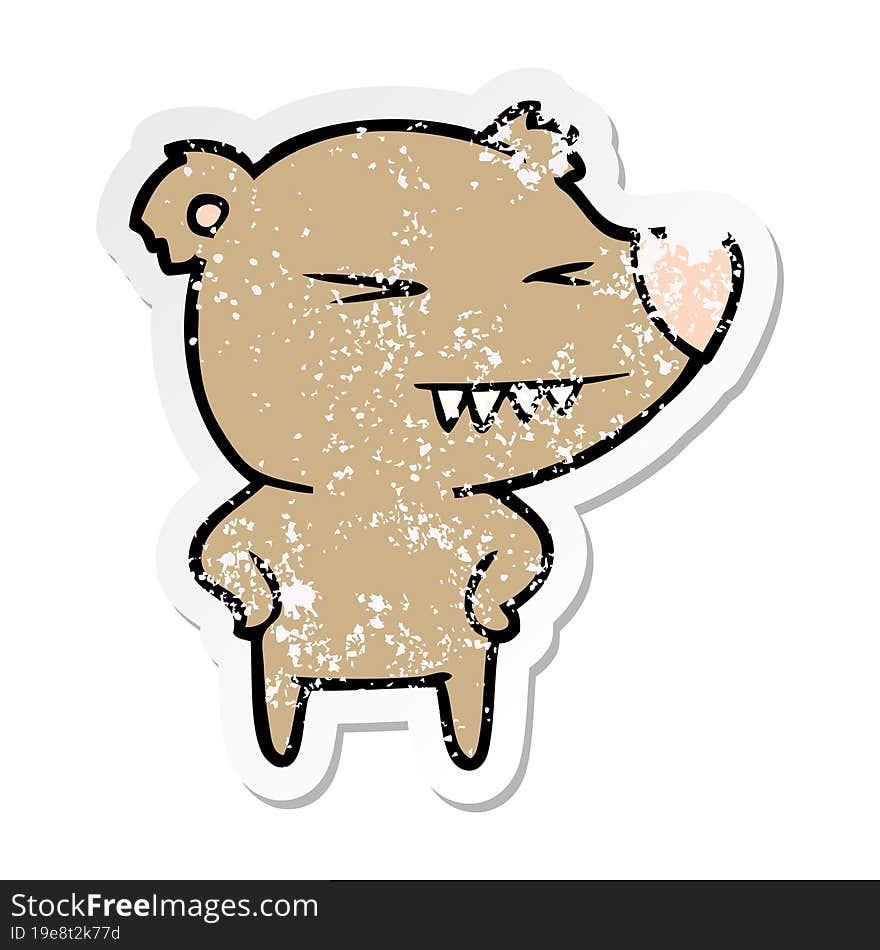 Distressed Sticker Of A Angry Bear Cartoon With Hands On Hips