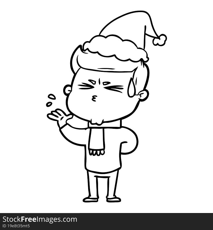 line drawing of a man sweating wearing santa hat