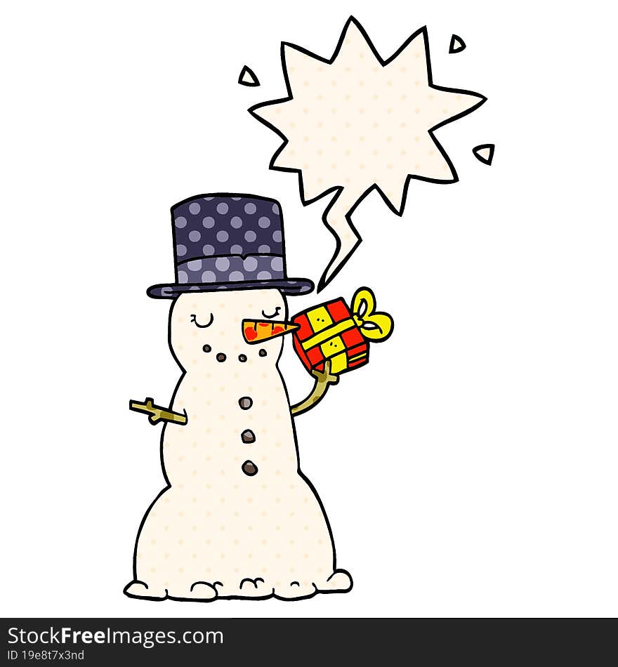 cartoon christmas snowman and speech bubble in comic book style