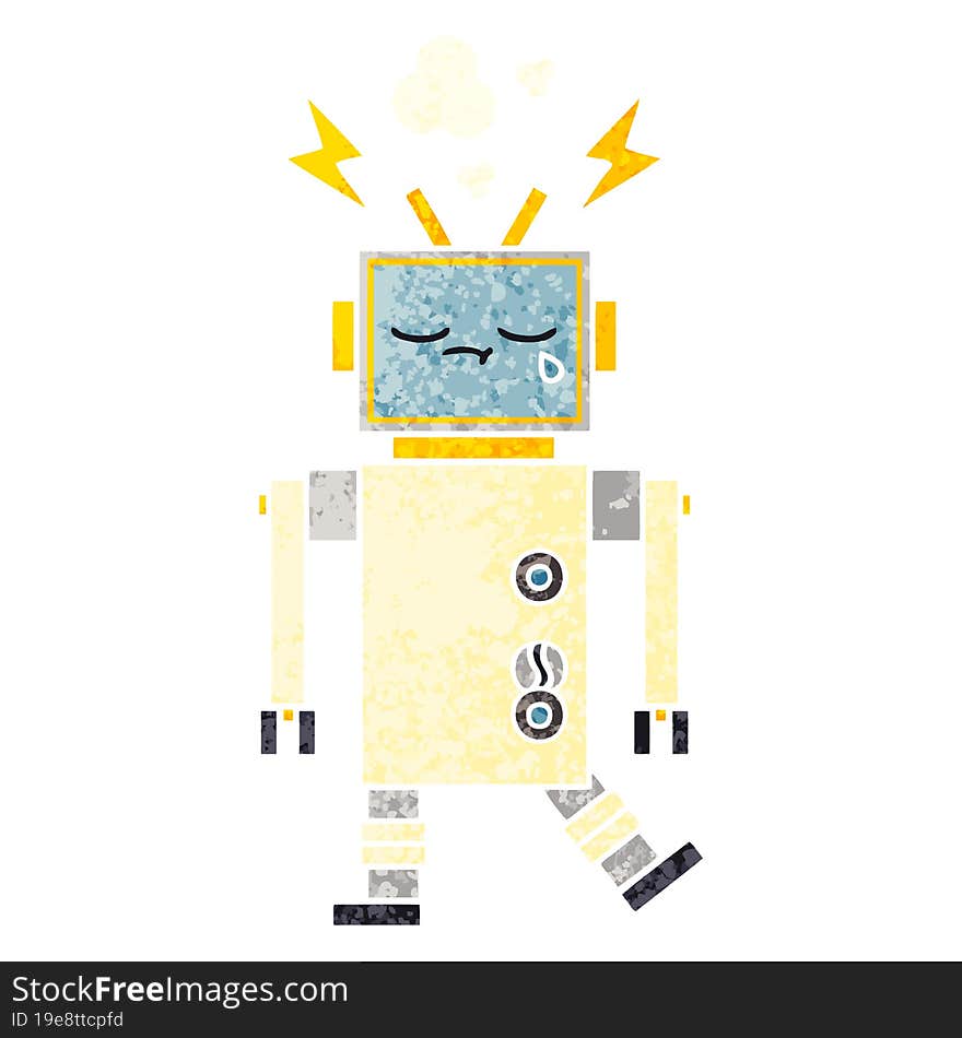 retro illustration style cartoon of a crying robot