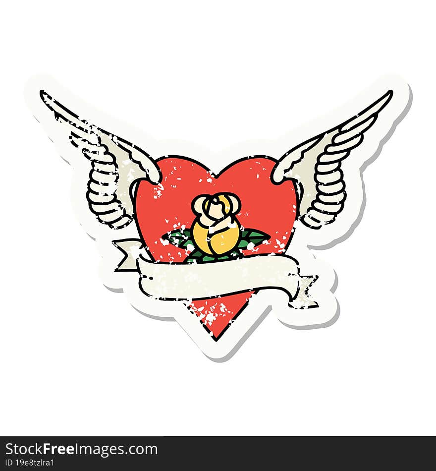 distressed sticker tattoo in traditional style of heart with wings a rose and banner. distressed sticker tattoo in traditional style of heart with wings a rose and banner