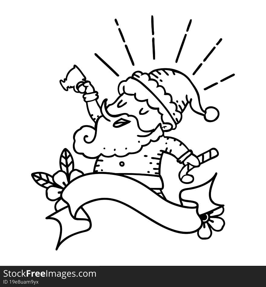 banner with black line work tattoo style santa claus christmas character celebrating