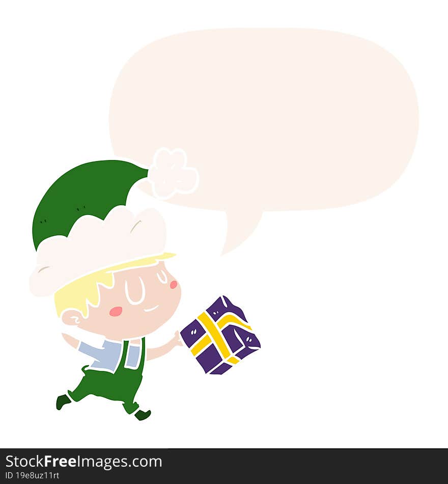 cartoon happy christmas elf and present and speech bubble in retro style