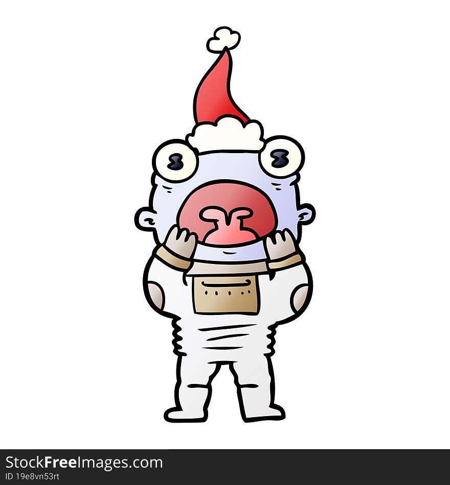 gradient cartoon of a alien gasping in surprise wearing santa hat