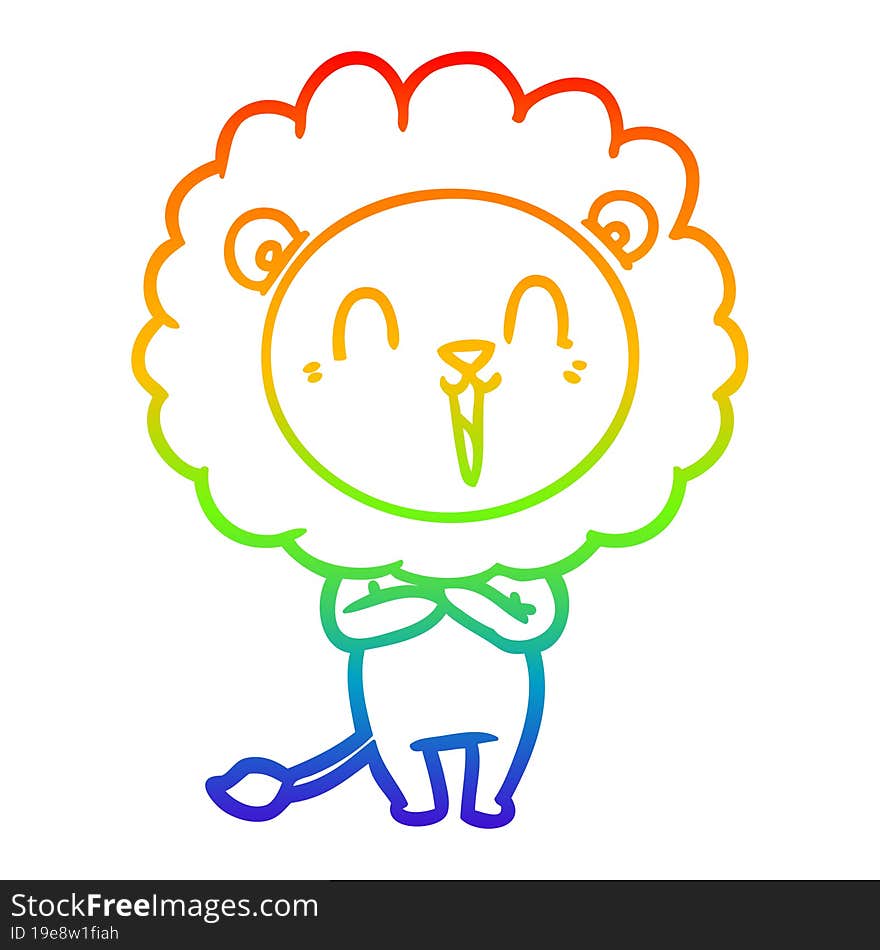 rainbow gradient line drawing of a laughing lion cartoon